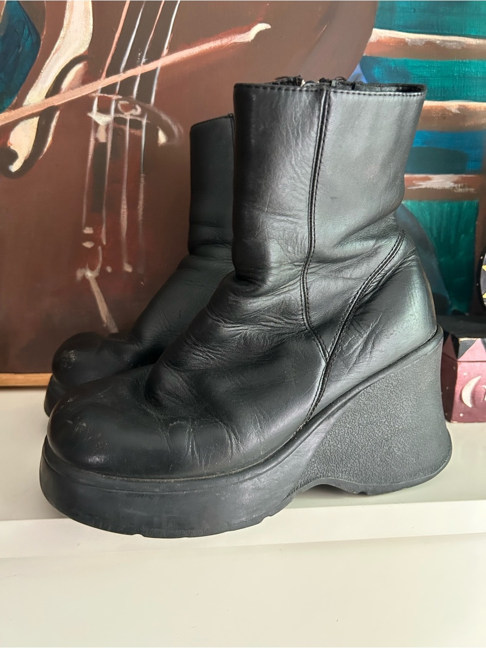 ALDO Black Leather Platform Wedge Ankle Boots Women’s EU 37 Y2K Zip Chunky